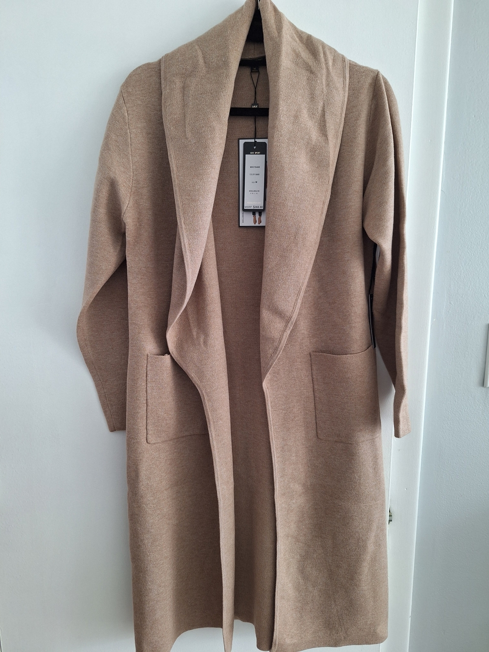 Long Open-Front Shawl Collar Cardigan in Camel